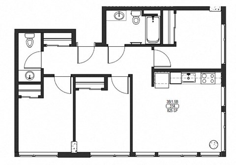 Floor plan for 3 beds, 1.5 baths, 979 sqft